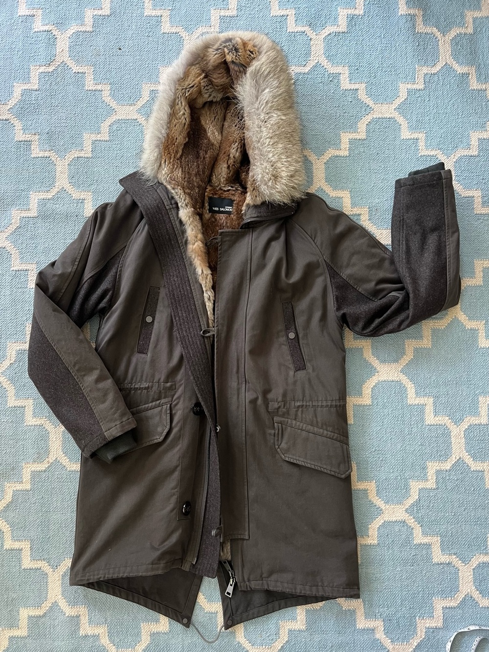 Yves Salomon HOMME Polyester Real Fur Lined Hooded Coat Sz 50 Khaki France